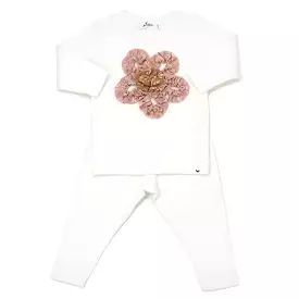 oh baby! Two Piece Set - Starburst Print Flower Applique - Cream