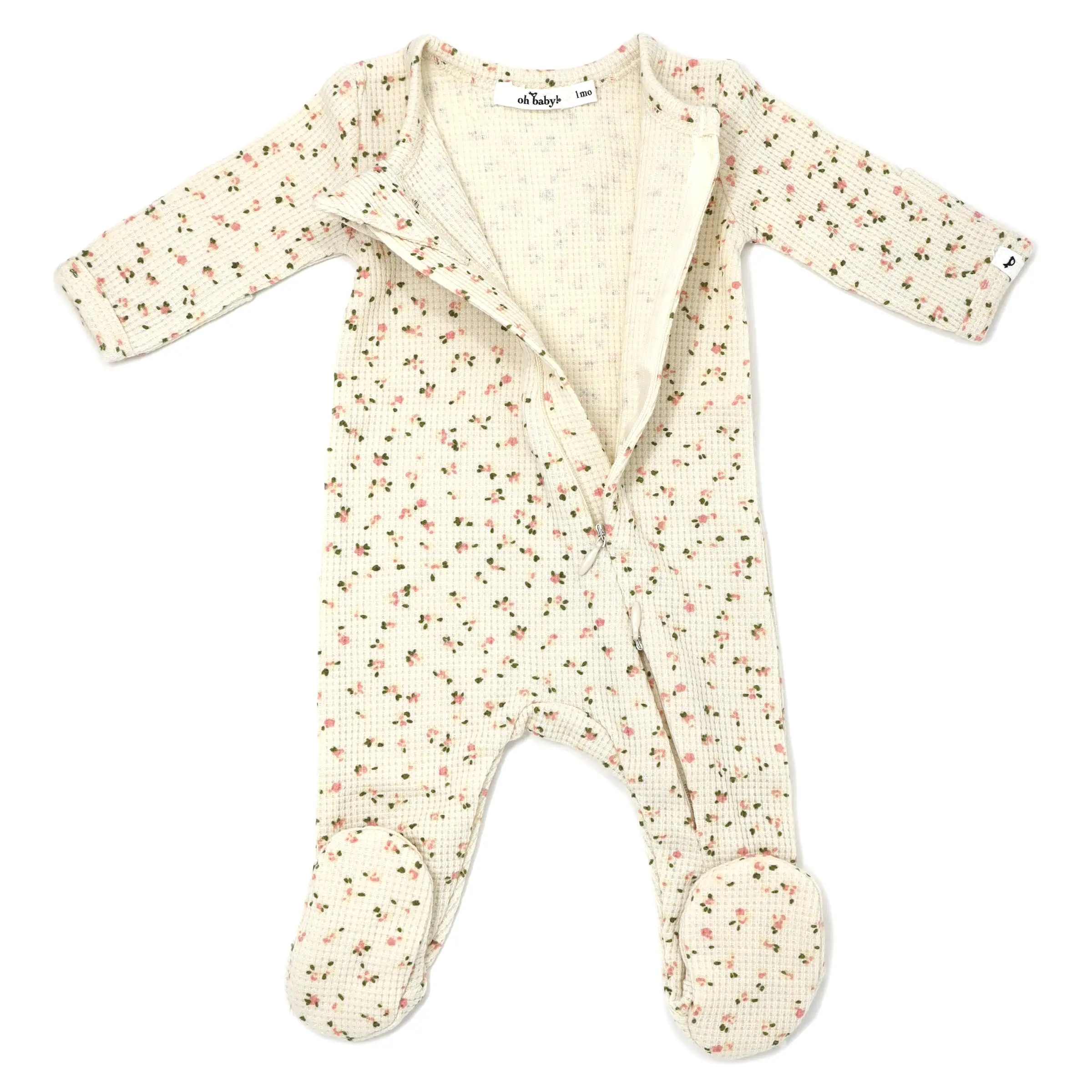 oh baby! Two Way Zipper Footie - Waffle Knit - Roses - Cream