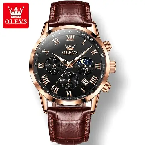 Olevs Brand Men Watch Fashion Timing Multifunctional Date Luxury Quartz Waterproof Luminous Leather Strap S4565075