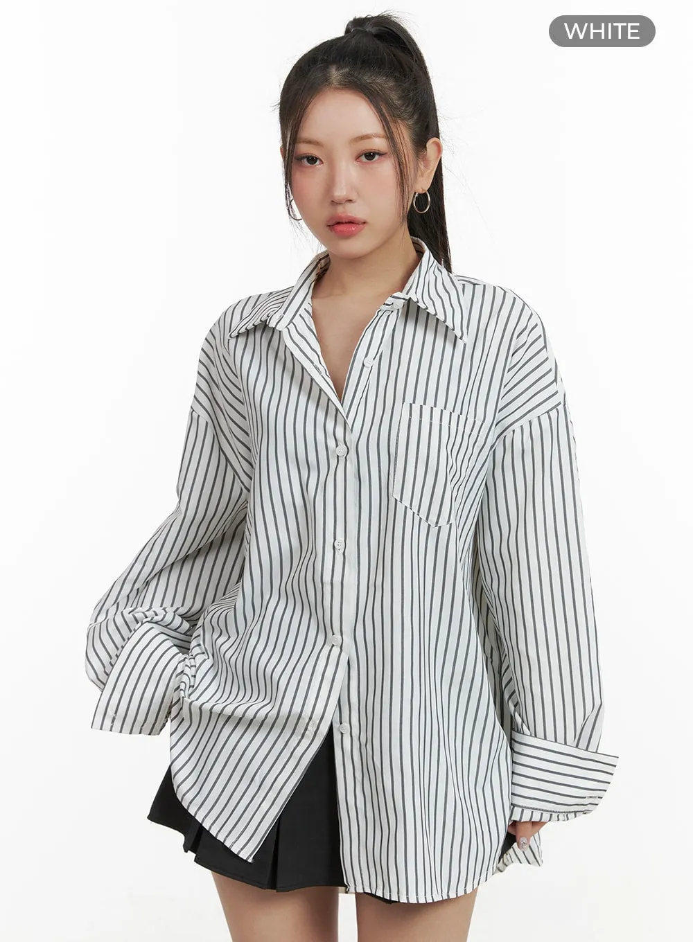 Oversized Stripe Buttoned Collar Blouse OA416