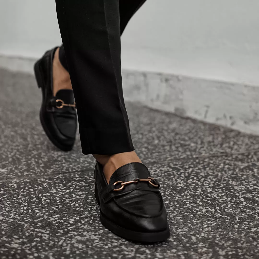 Penny Loafer Horsebit Buckle - Black Croco Leather (Crepe Sole)