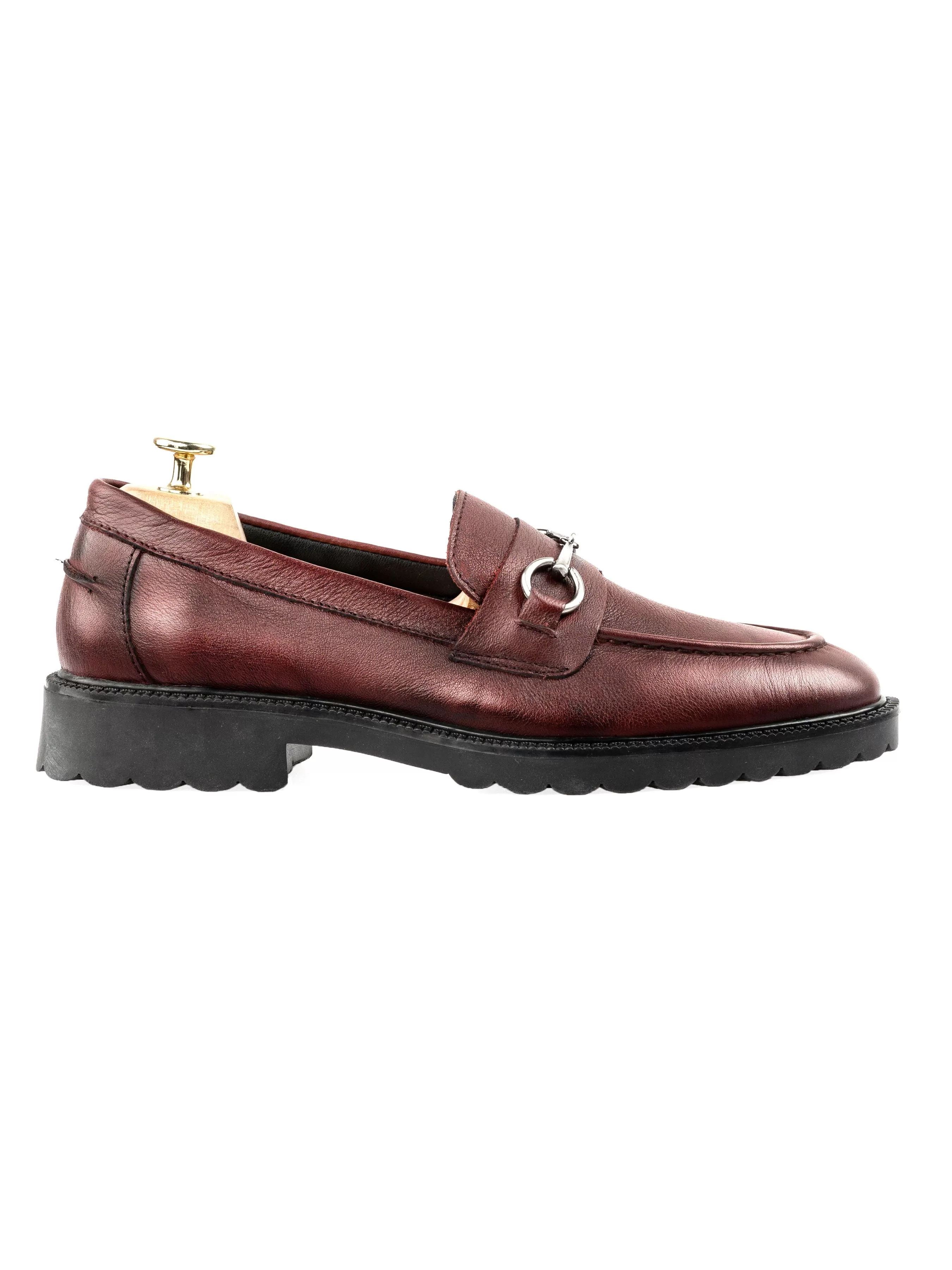 Penny Loafer Horsebit Buckle - Red Burgundy Pebble Grain Leather (Combat Sole)