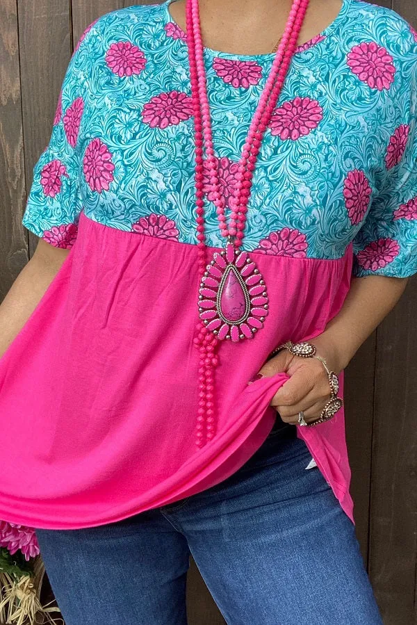 Pink concho & Turquoise tooled leather print top