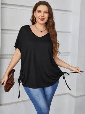 Plus Size Drawstring V-Neck Short Sleeve Blouse