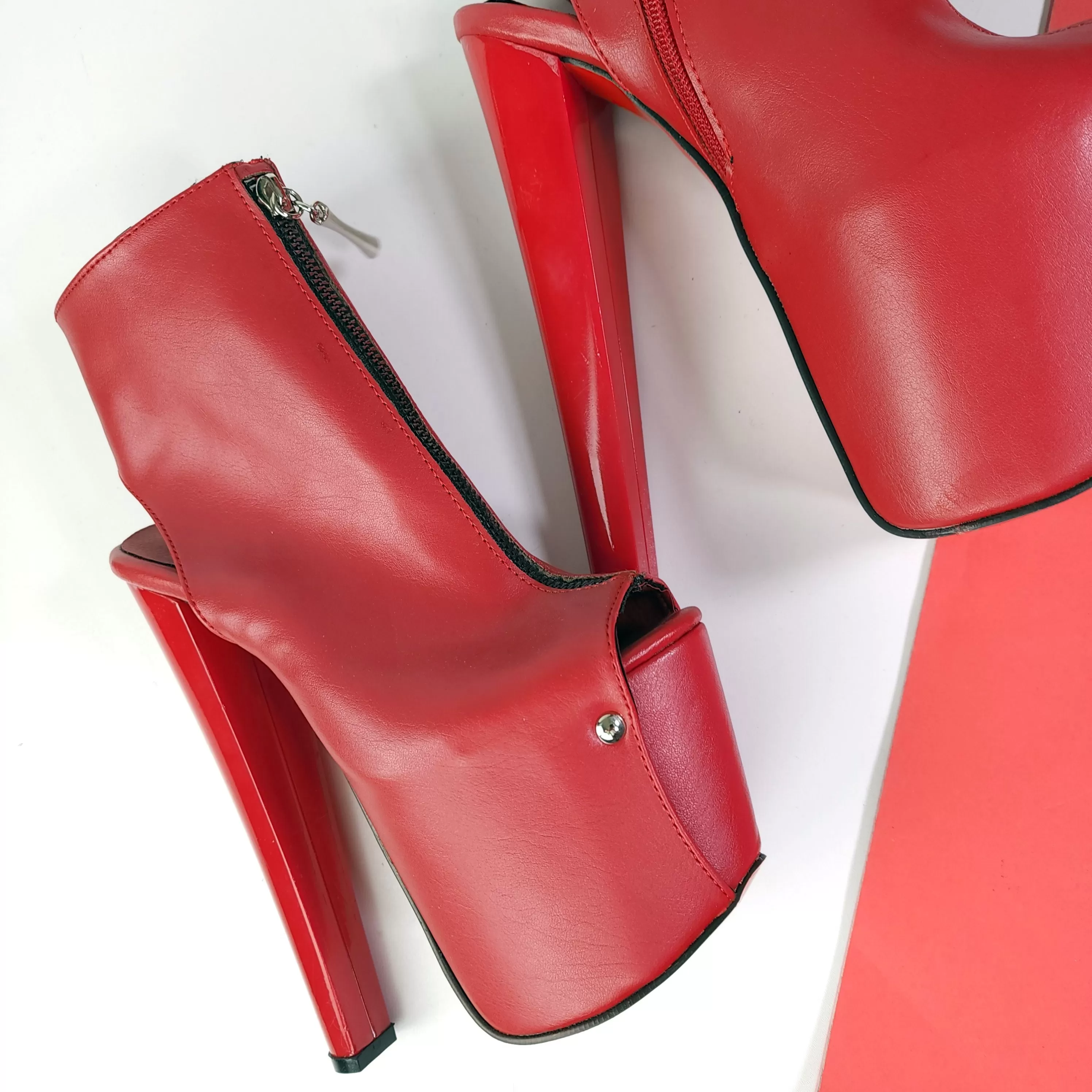 Red Zipper Detail Chunky Ankle Cut Heels