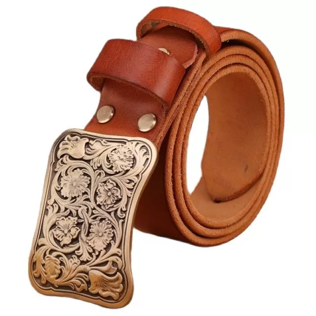 Solid brass flower buckle brown black mens belts luxury full grain cowhide genuine leather high quality vintage gold waist women