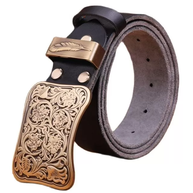 Solid brass flower buckle brown black mens belts luxury full grain cowhide genuine leather high quality vintage gold waist women