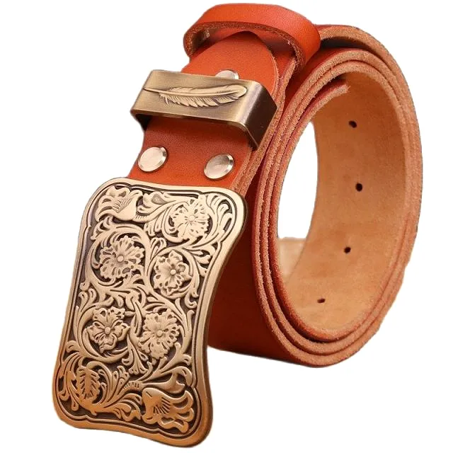 Solid brass flower buckle brown black mens belts luxury full grain cowhide genuine leather high quality vintage gold waist women