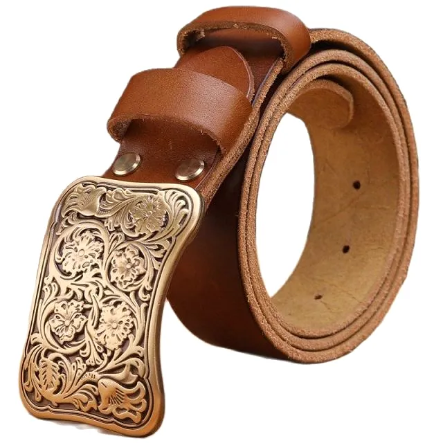 Solid brass flower buckle brown black mens belts luxury full grain cowhide genuine leather high quality vintage gold waist women