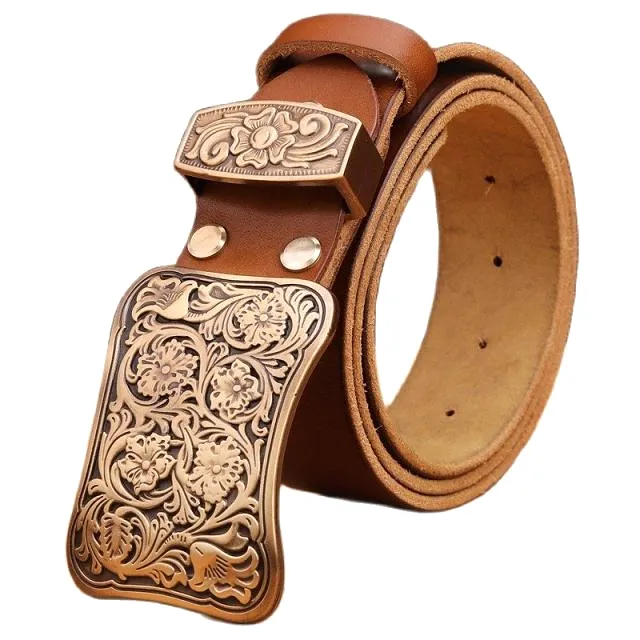 Solid brass flower buckle brown black mens belts luxury full grain cowhide genuine leather high quality vintage gold waist women