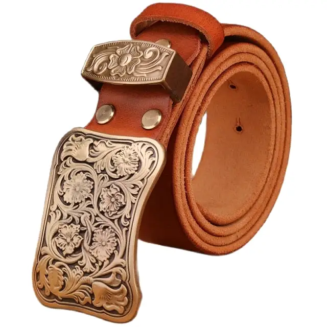 Solid brass flower buckle brown black mens belts luxury full grain cowhide genuine leather high quality vintage gold waist women