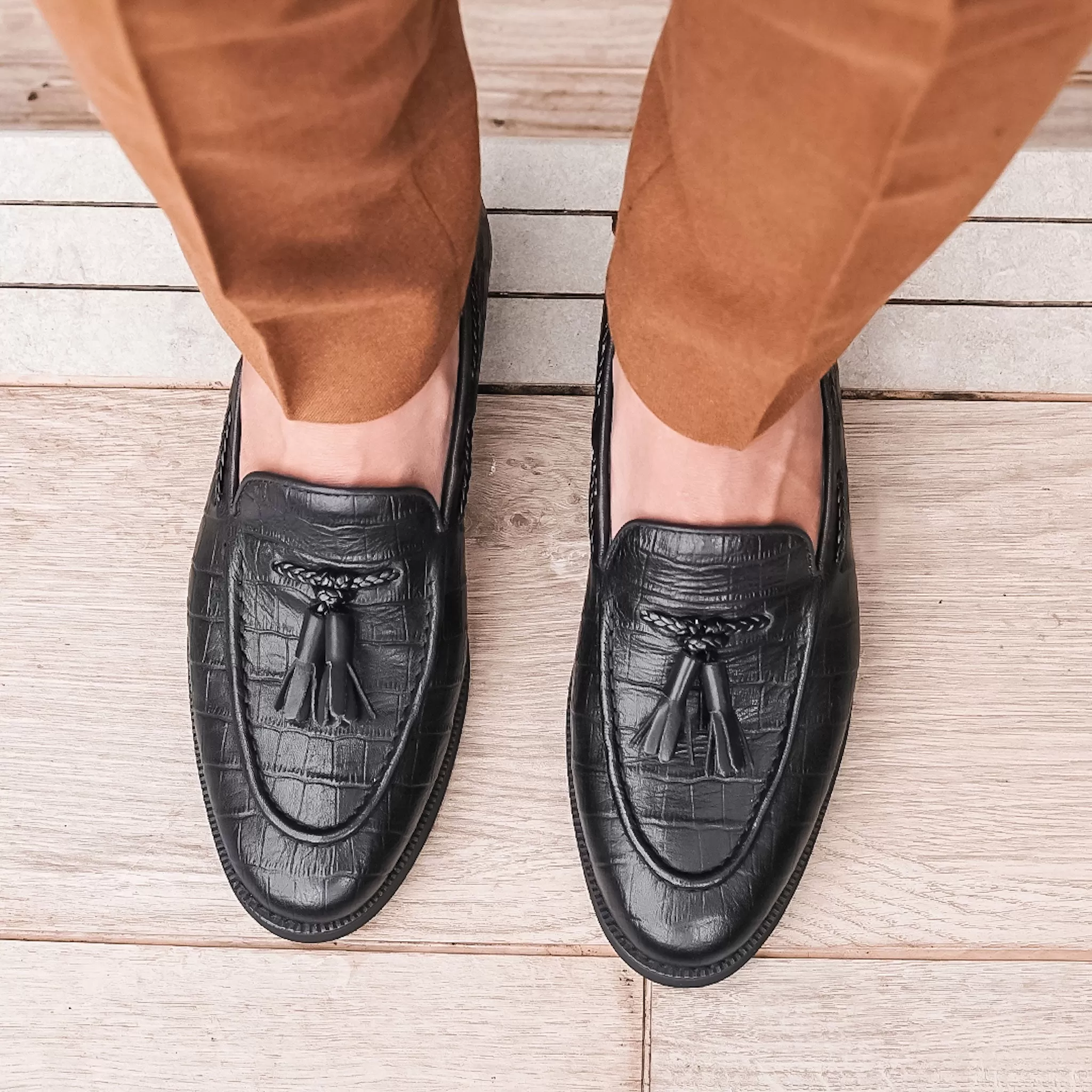 Tassel Loafer - Black Croco Leather (Crepe Sole)