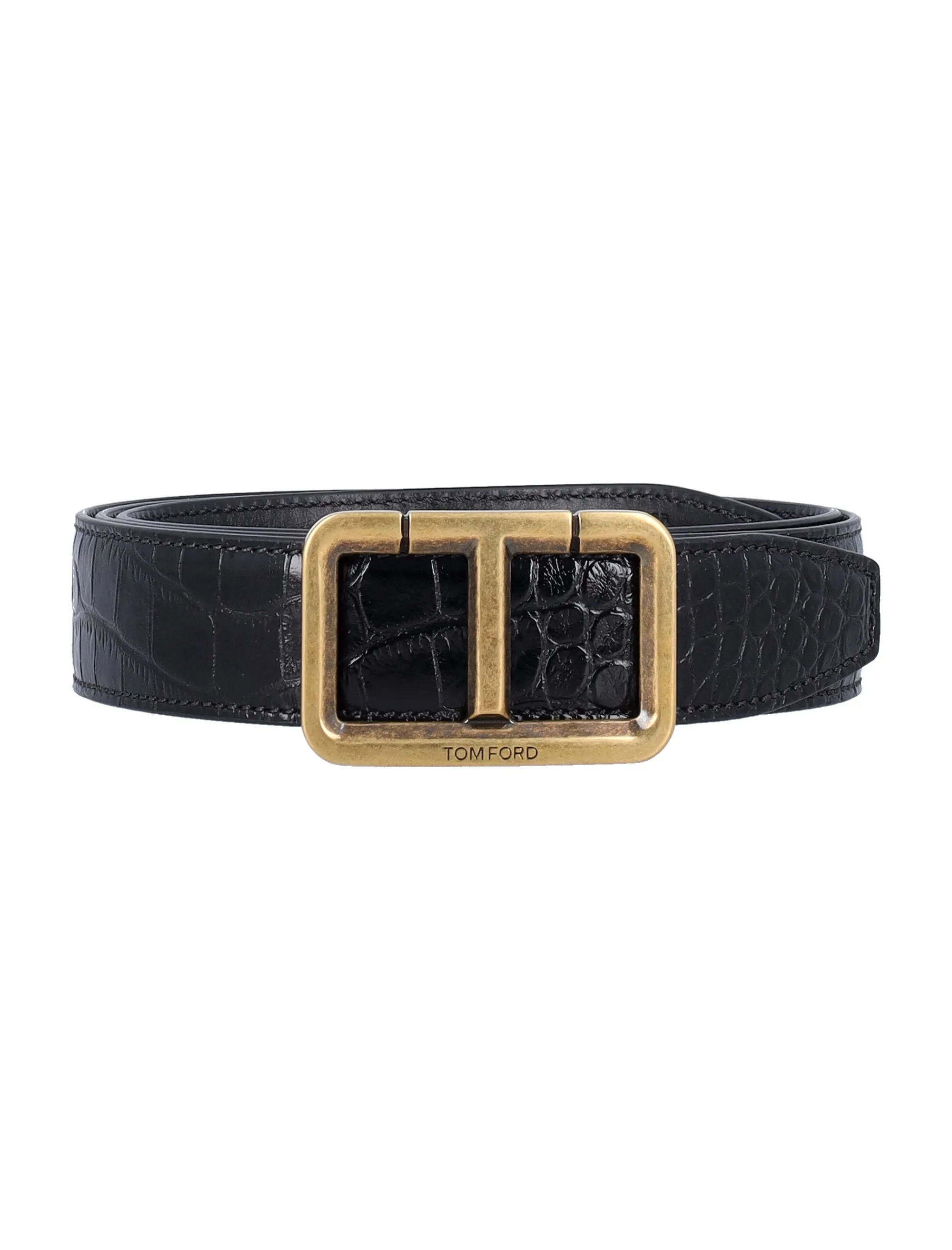 TOM FORD Luxury Crocodile-Embossed Leather Belt with Gold Buckle, 3cm