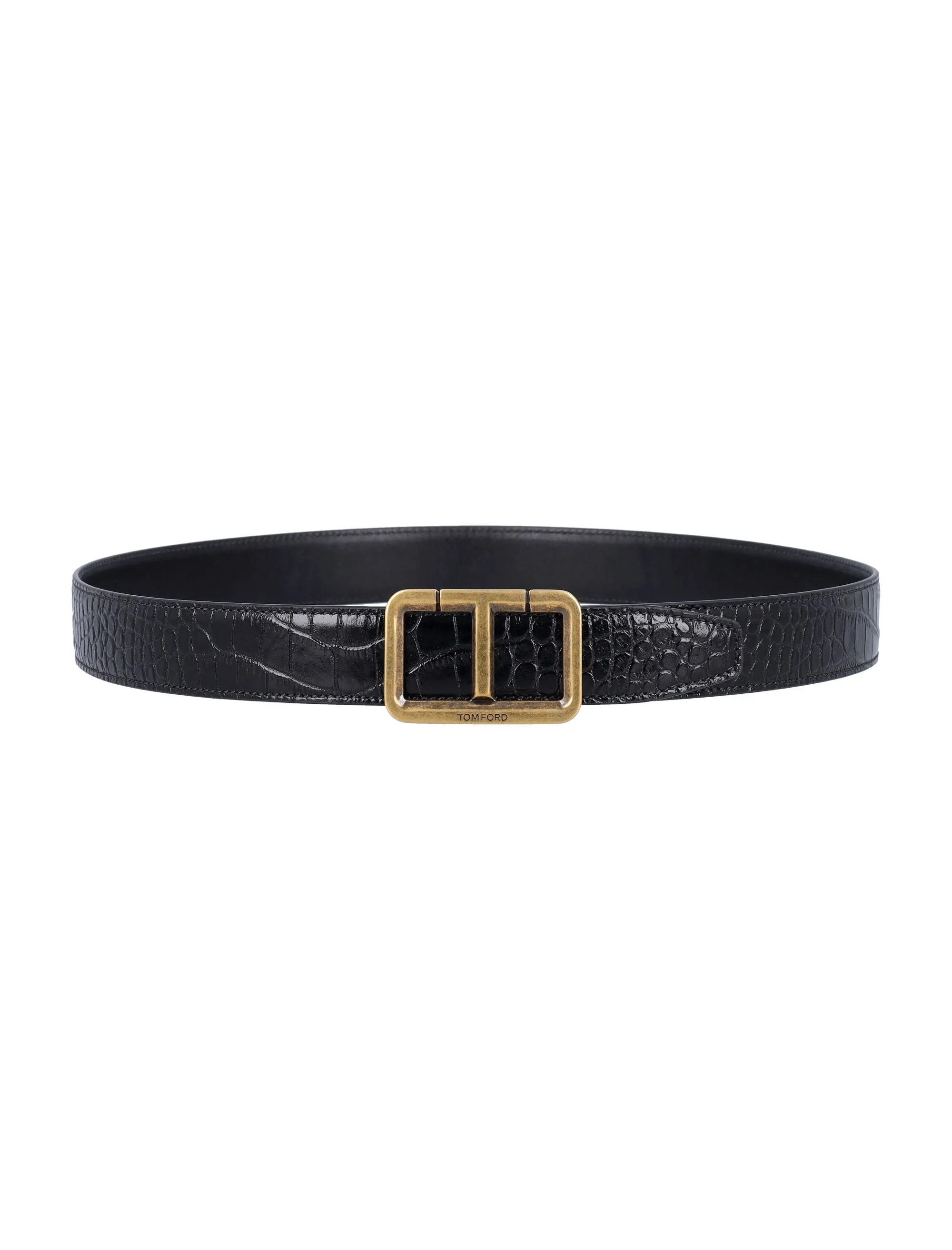 TOM FORD Luxury Crocodile-Embossed Leather Belt with Gold Buckle, 3cm