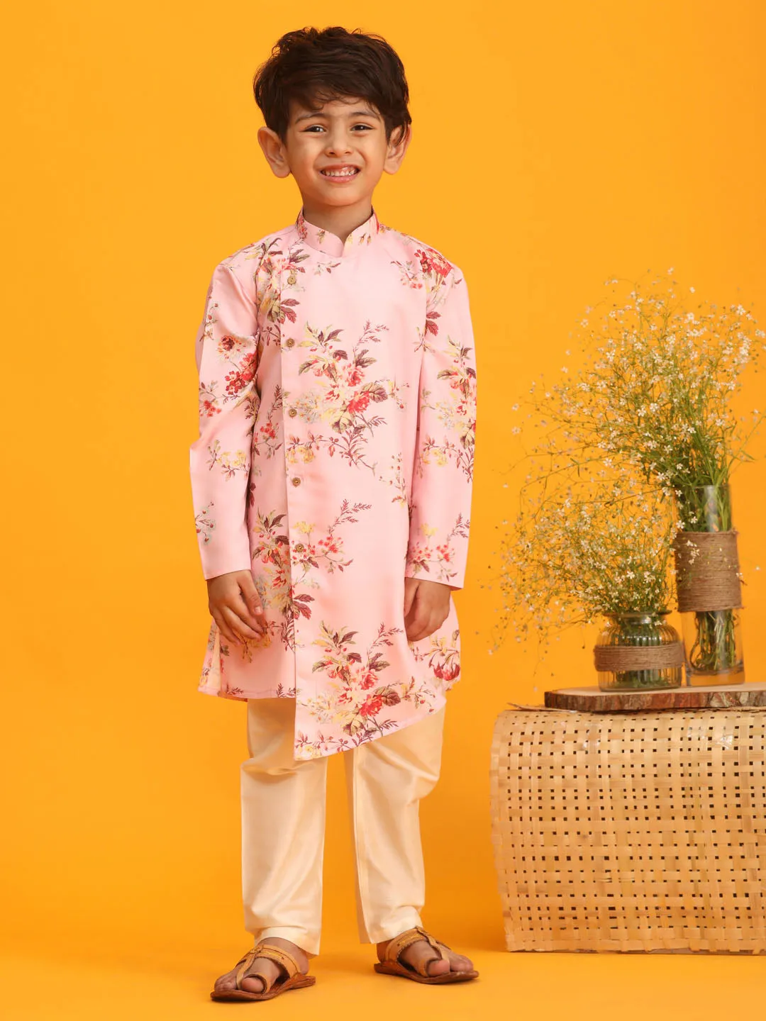 VASTRAMAY Boy's Pink Floral Printed Angrakha Kurta with Cream Solid Pyjama Set