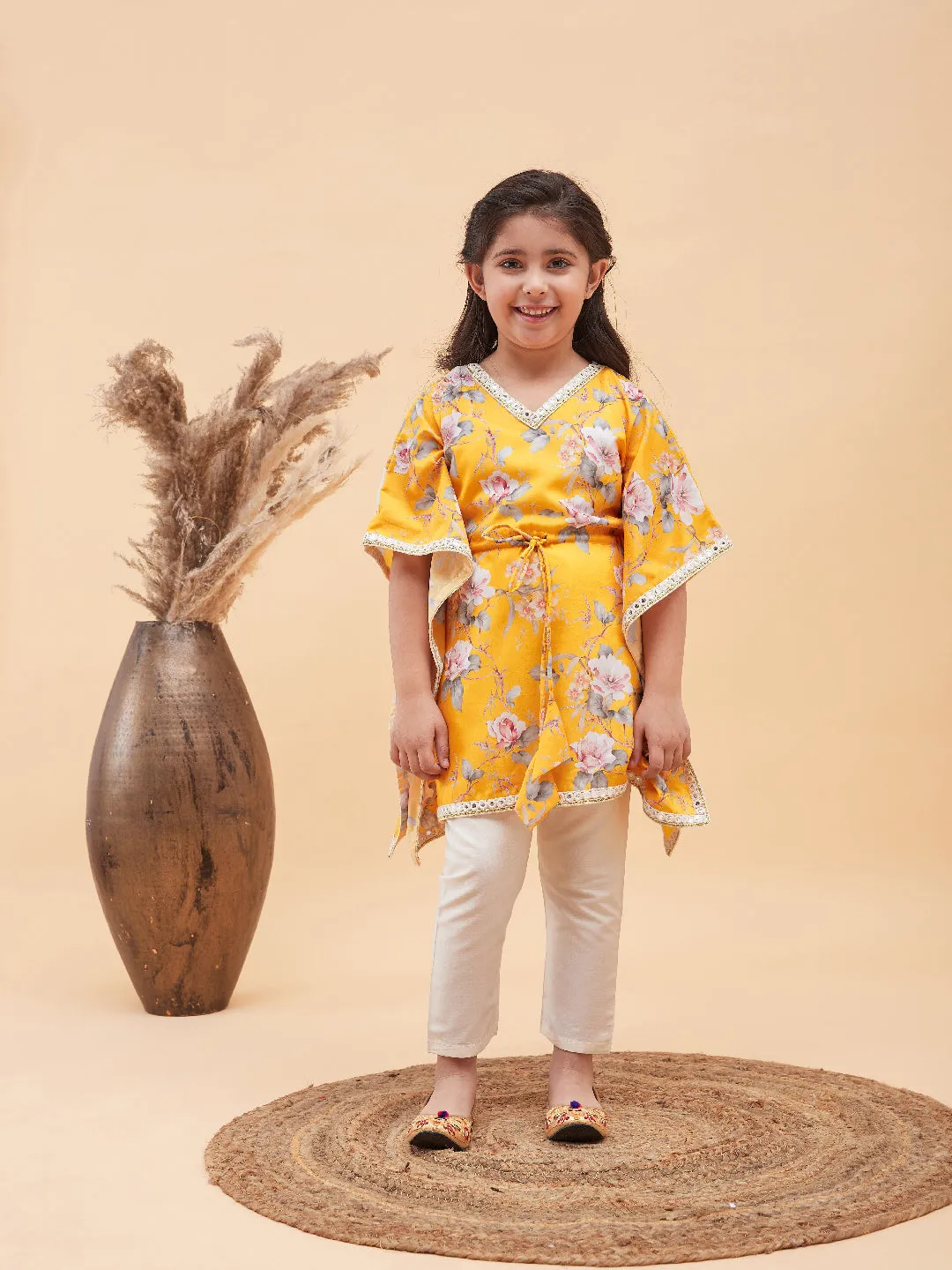 VASTRAMAY Girls Yellow Floral Printed Kaftan Kurta With Cream Pant Set