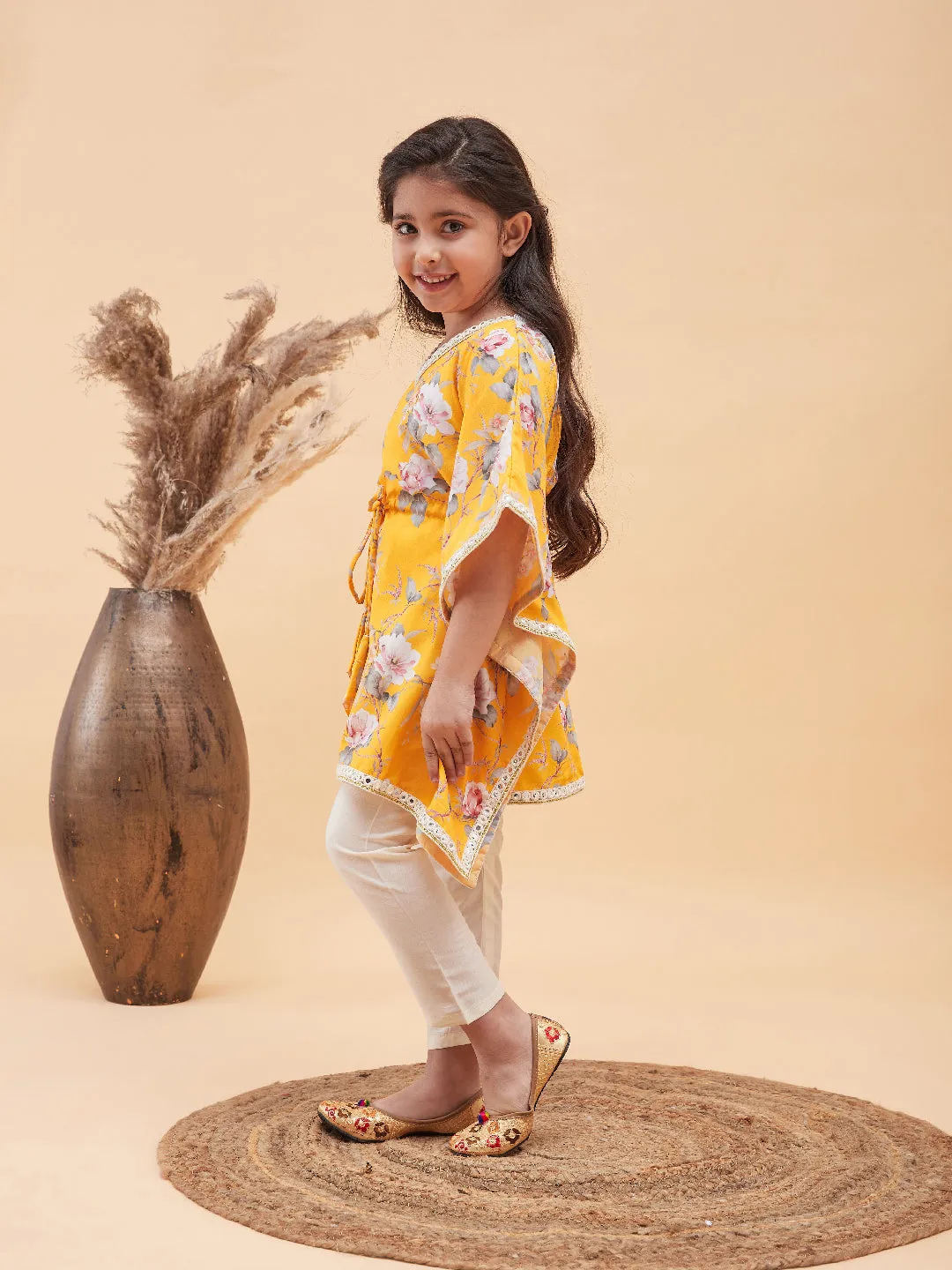 VASTRAMAY Girls Yellow Floral Printed Kaftan Kurta With Cream Pant Set