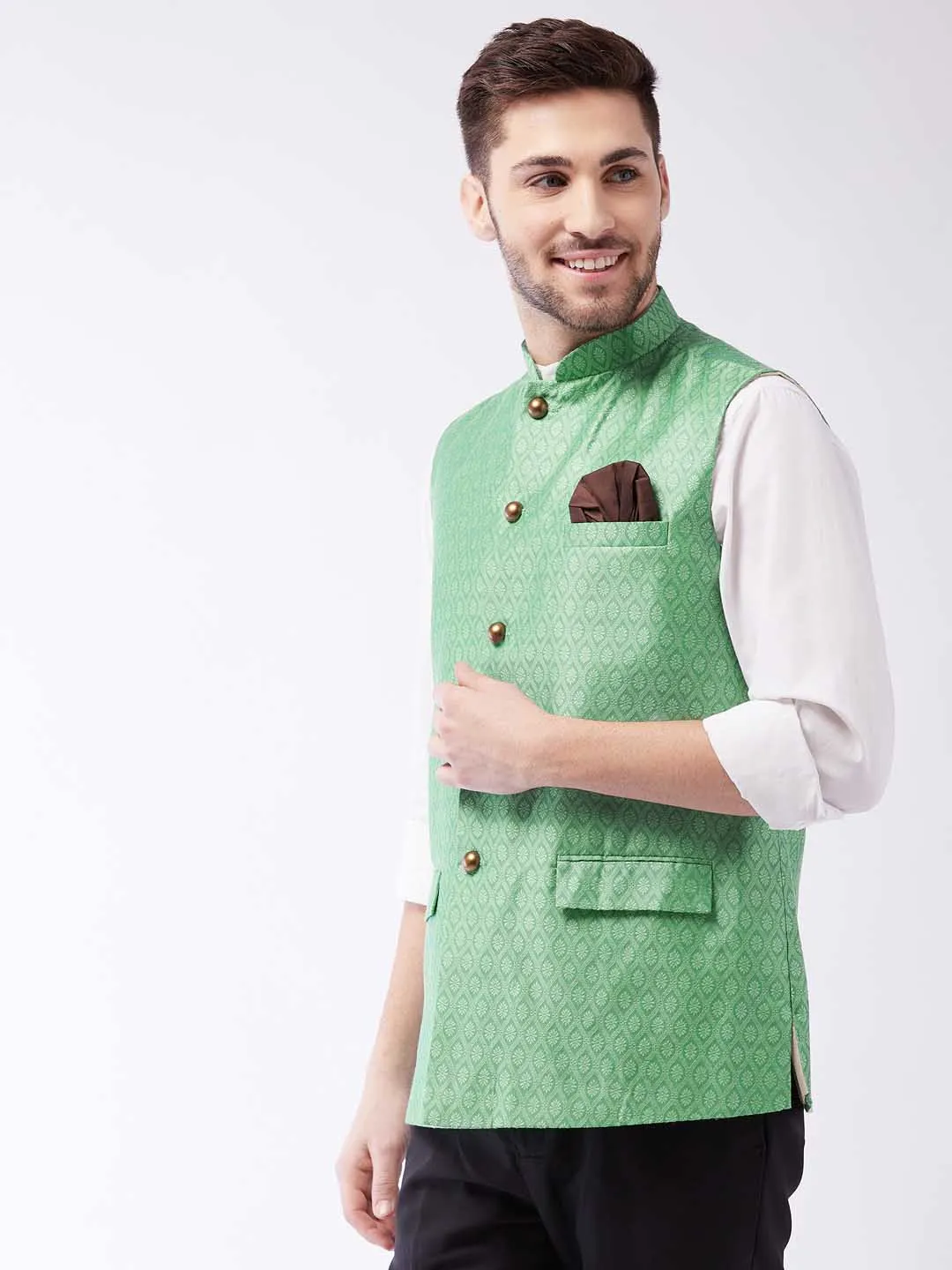 VASTRAMAY Men's Green Jacquard Nehru Jacket