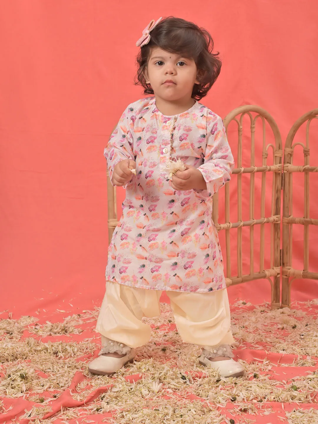 VASTRAMAY SISHU Girls' White Floral Printed Linen Kurta And Cream Patiala Set