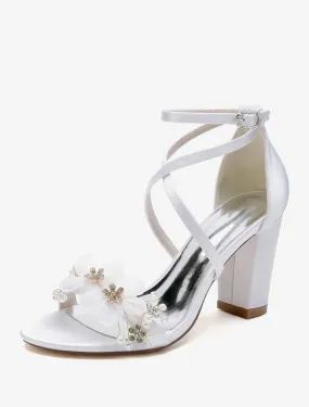 Wedding Shoes Satin White Flowers Open Toe Wedding Sandals