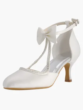 White Wedding Shoes 2024 Satin Pointed Toe Bow Bridal Shoes Vintage Wedding Shoes