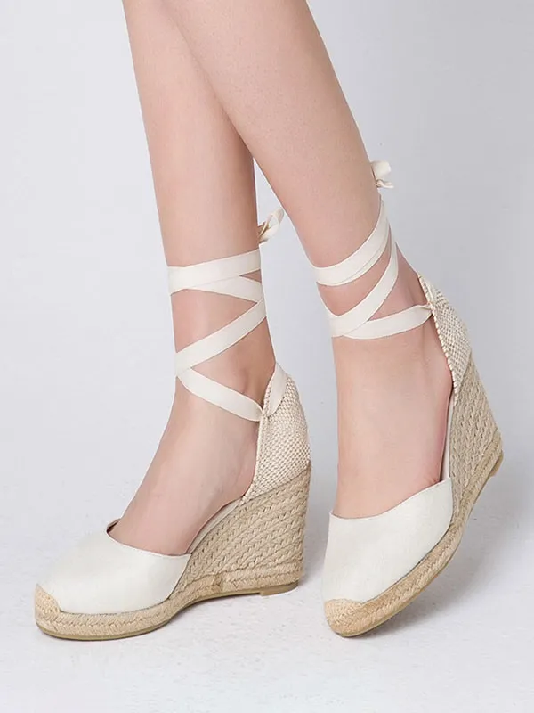 White Wedding Shoes Suede Bridal Pointed Toe Lace Up Wedge Espadrilles