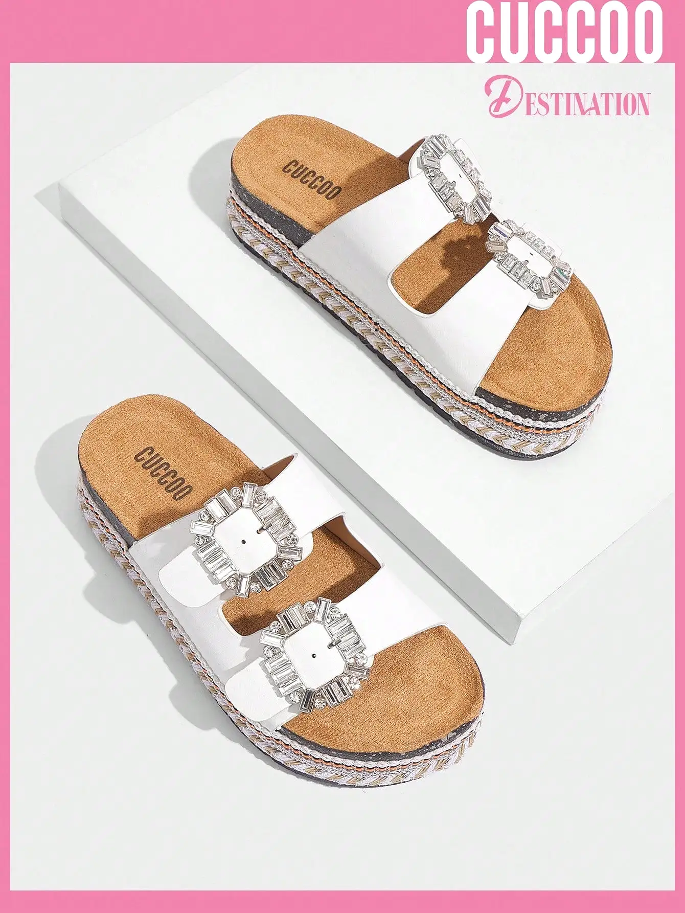 Woman Shoes Comfortable Square Rhinestone Buckle Round Toe Flat/Platform Fashionable Casual Pu Leather White Slippers For Spring