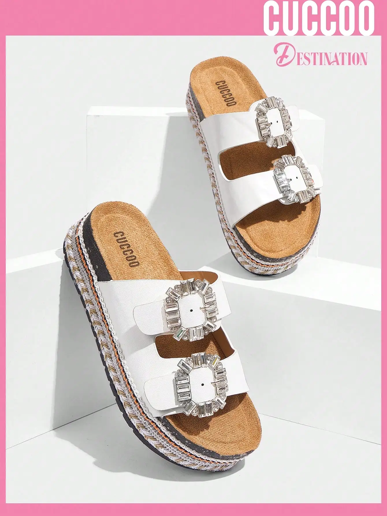 Woman Shoes Comfortable Square Rhinestone Buckle Round Toe Flat/Platform Fashionable Casual Pu Leather White Slippers For Spring