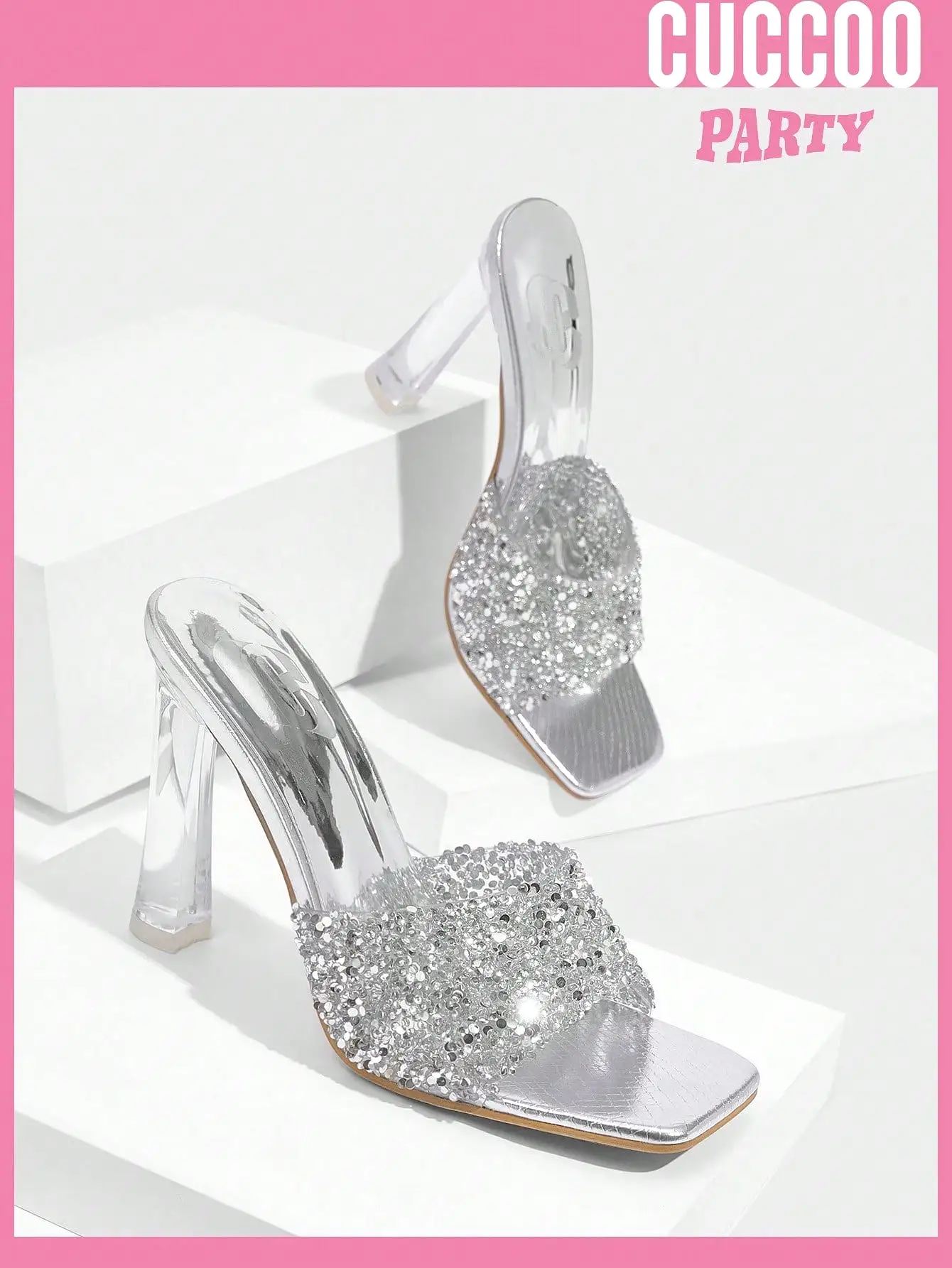 Woman Shoes Fashionable, Sexy, Transparent, Square-Toed Sandals With Glittery High-Heels For Spring And Summer