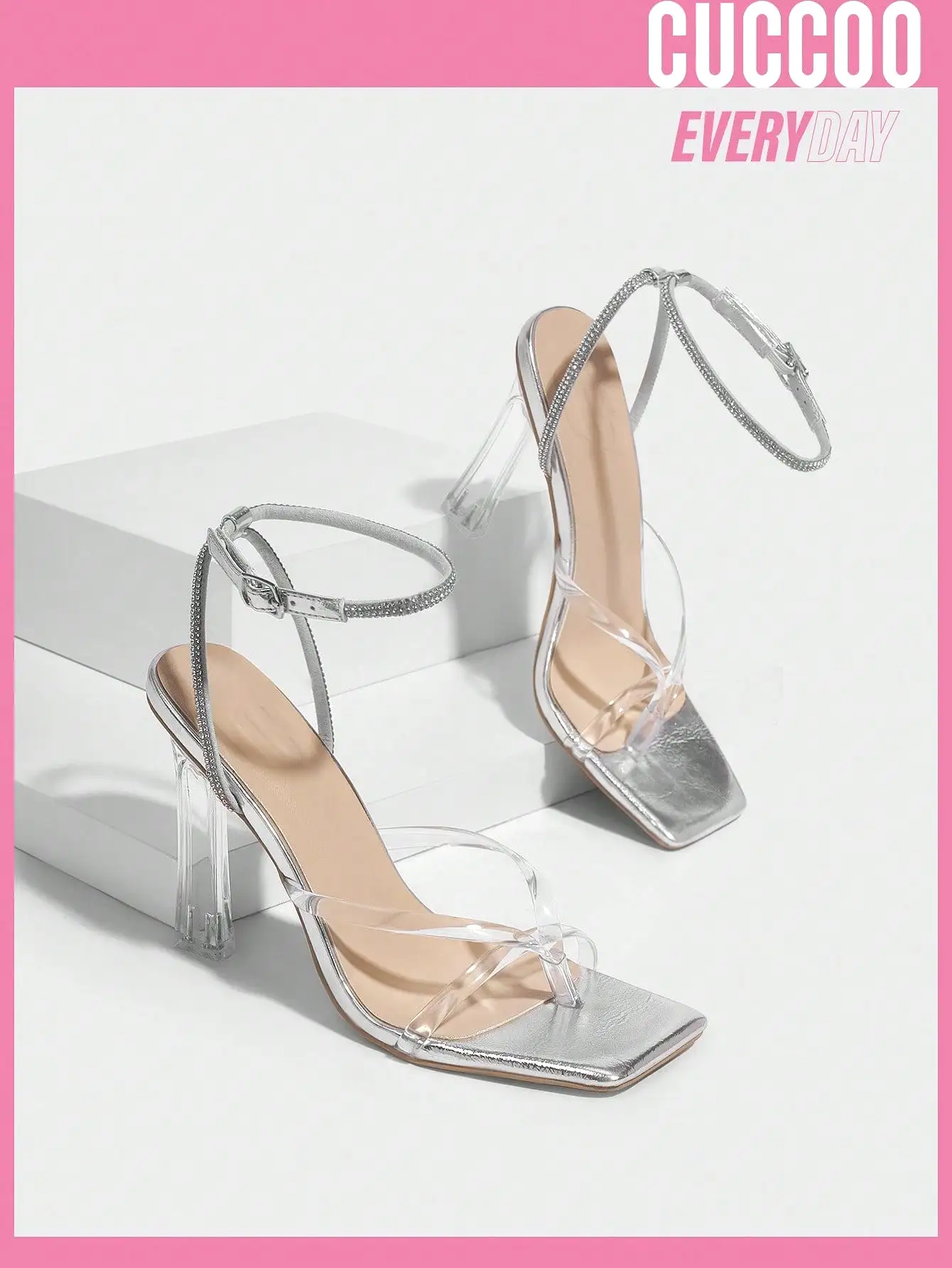 Woman Shoes Silver Fashionable Transparent Strap High Heel Sandals, Versatile Style For Spring And Summer