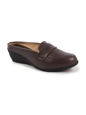 Women Brown Formal Back Open Platform Wedge Heel Slip On Loafer Shoes