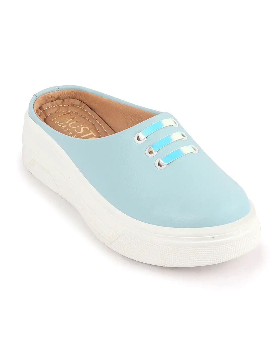 Women Sky Blue Outdoor Fashion Comfort Lace Design Open Back Platform Heel Slip On Casual Shoes