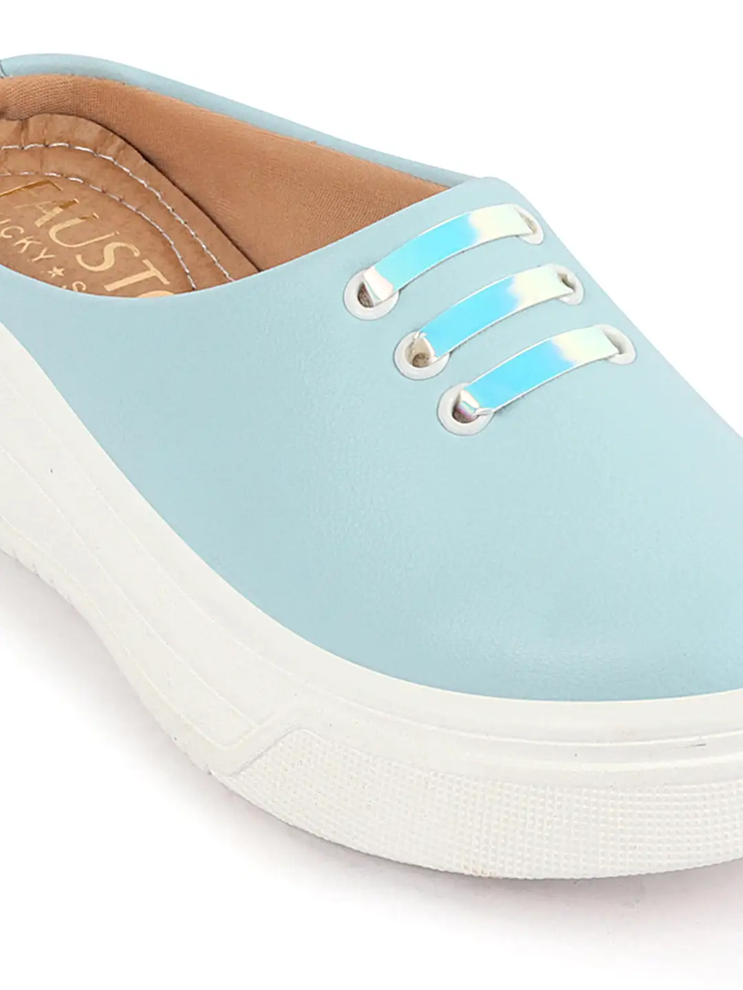 Women Sky Blue Outdoor Fashion Comfort Lace Design Open Back Platform Heel Slip On Casual Shoes