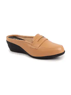 Women Tan Formal Back Open Platform Wedge Heel Slip On Loafer Shoes