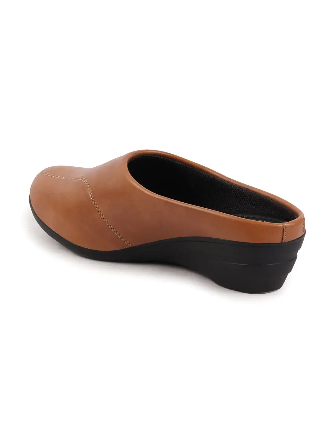 Women Tan Formal Back Open Platform Wedge Heel Slip On Mule Shoes