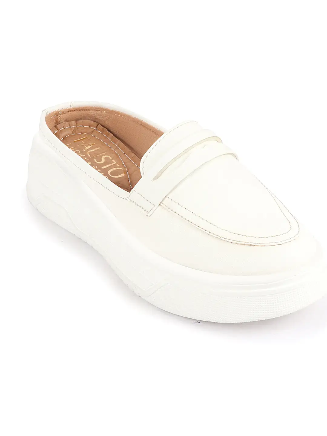 Women White Outdoor Fashion Stitched Design Strap Open Back Platform Heel Slip On Casual Shoes