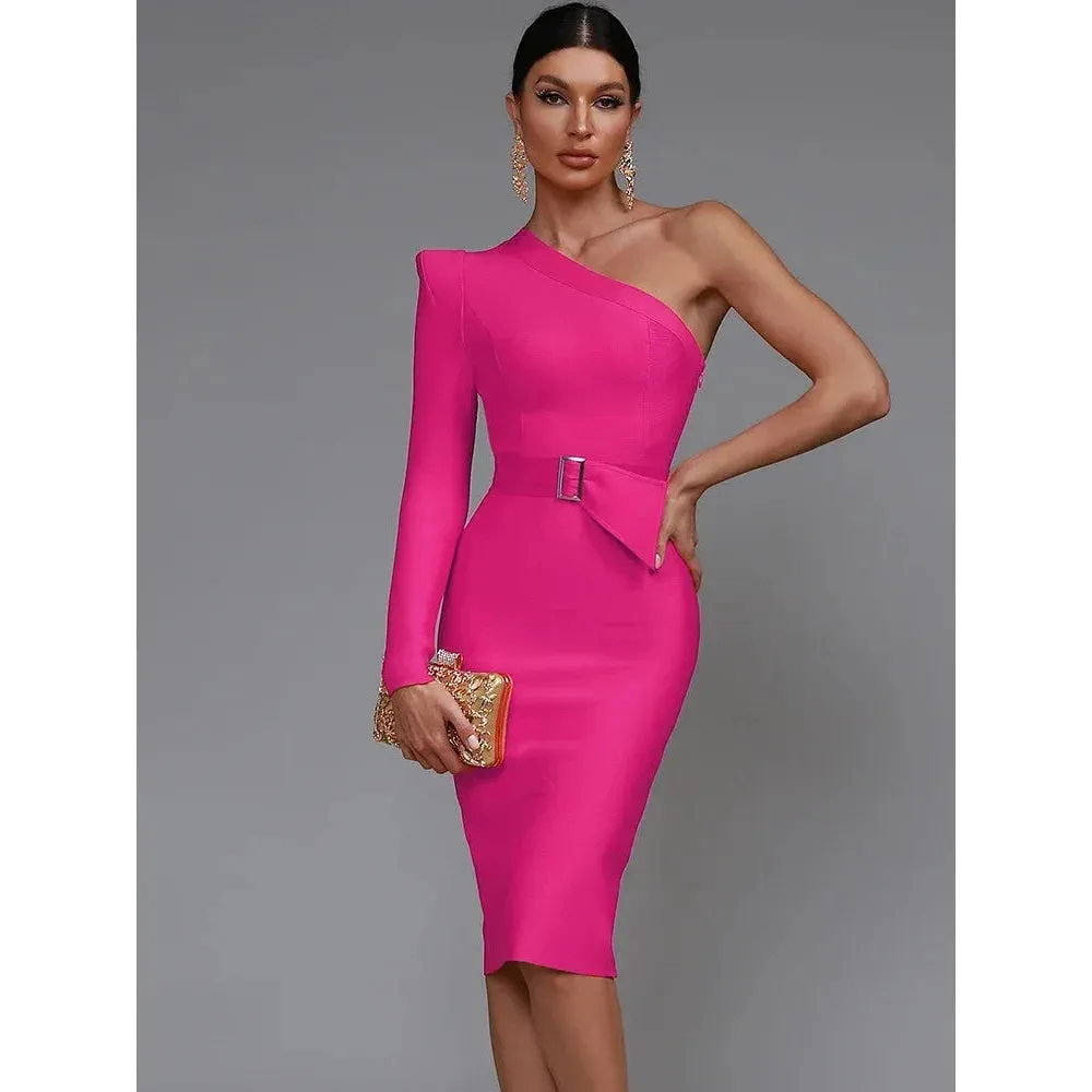 Women's Luxury Sexy One-Shoulder Waist Belt Bodycon Party Dress