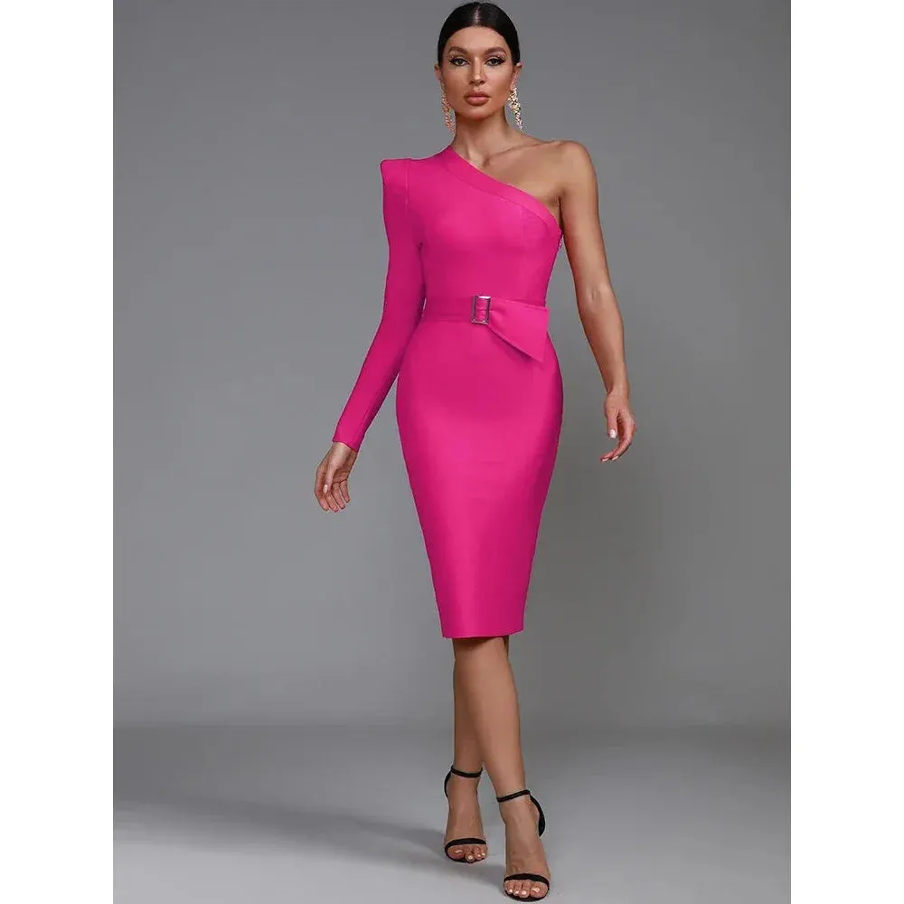 Women's Luxury Sexy One-Shoulder Waist Belt Bodycon Party Dress