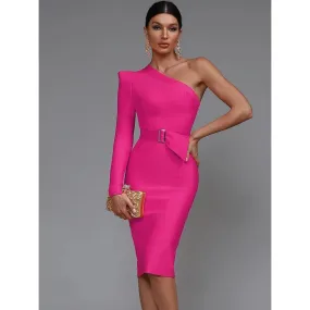 Women's Luxury Sexy One-Shoulder Waist Belt Bodycon Party Dress