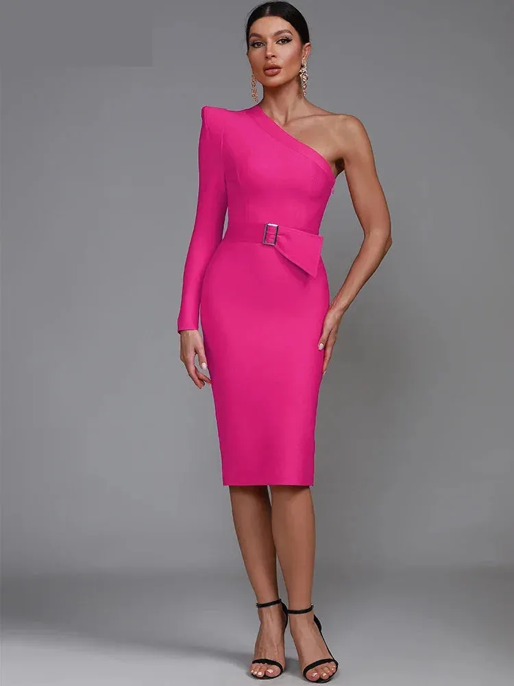 Women's Luxury Sexy One-Shoulder Waist Belt Bodycon Party Dress