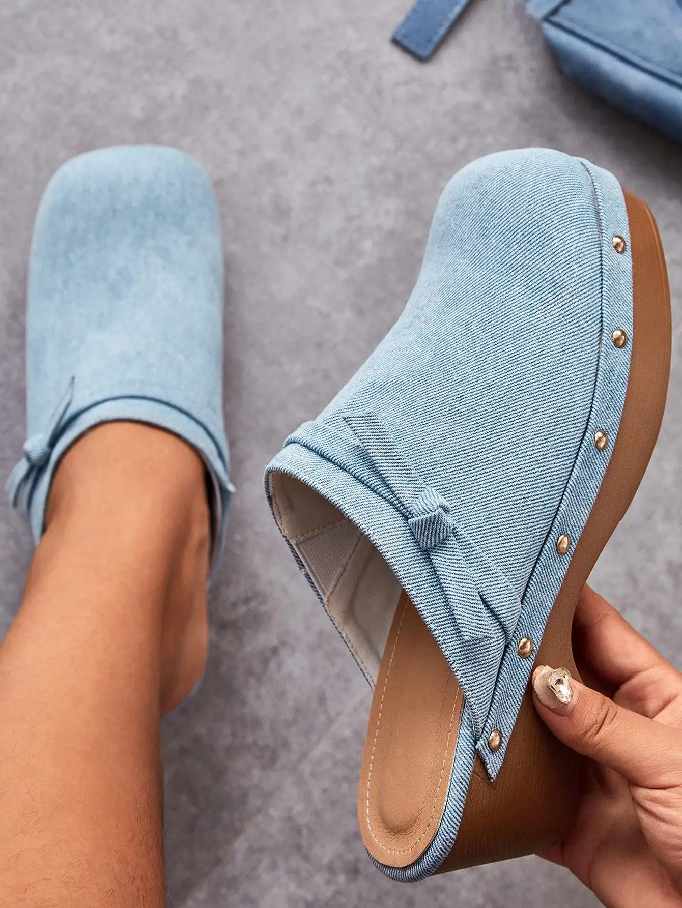 Women's Shoes Fashionable Square Toe Thick Sole Denim Blue Wedges