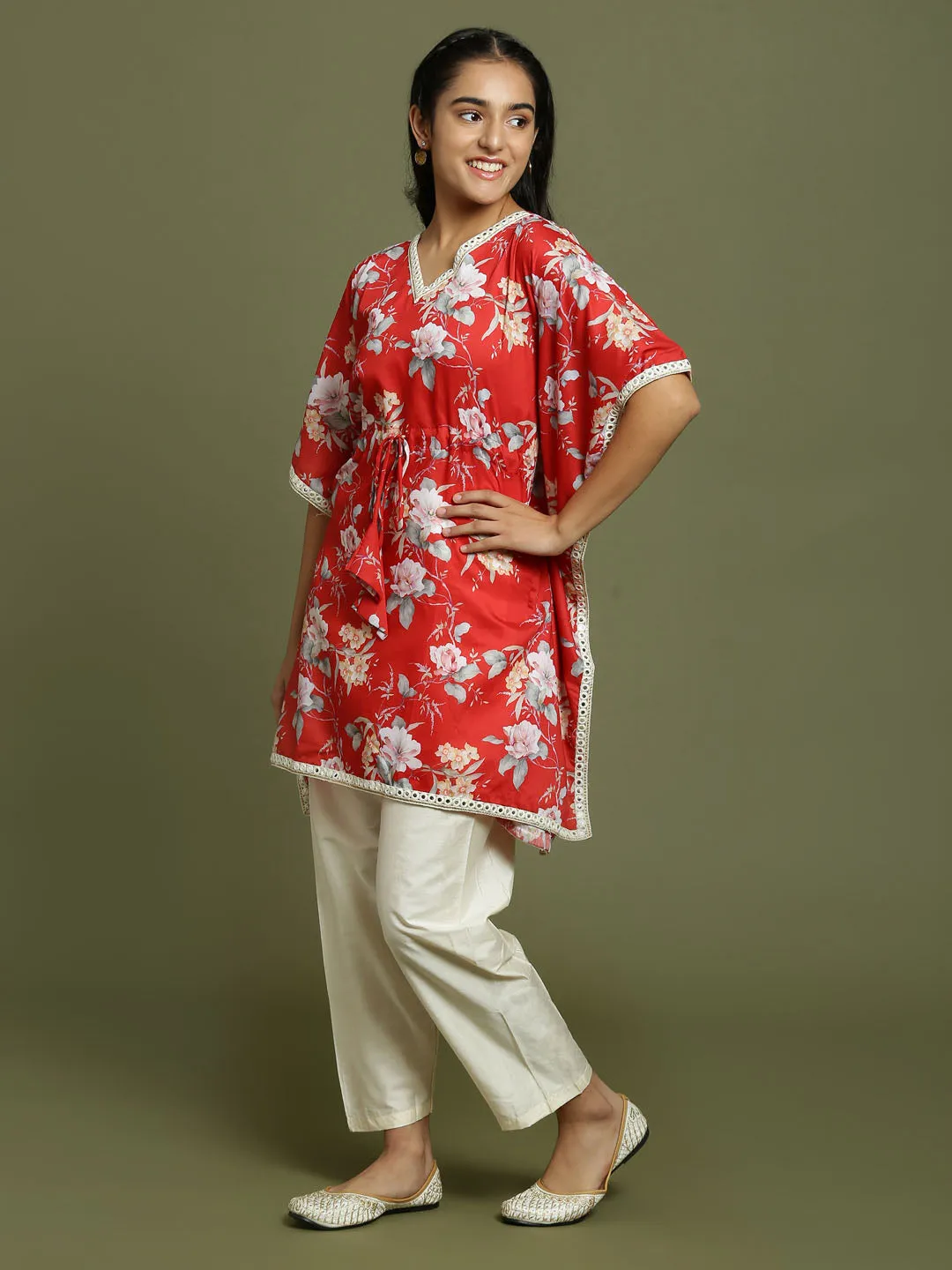 Yuva By VASTRAMAY Girls Red Floral Printed Kaftan Kurta With Cream Pant Set