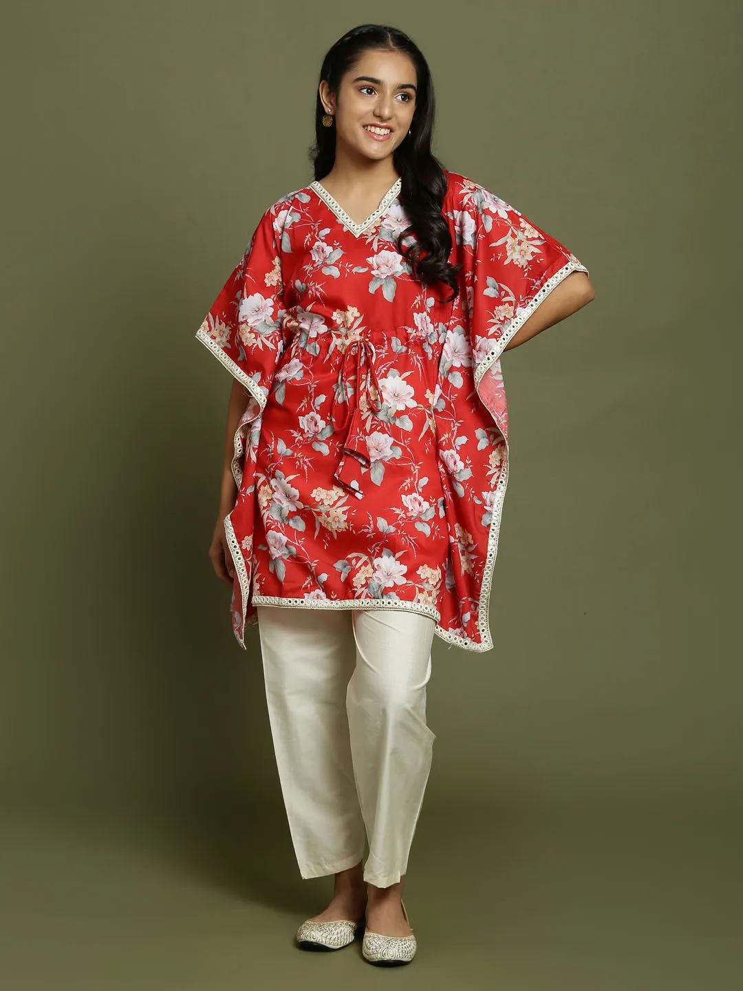 Yuva By VASTRAMAY Girls Red Floral Printed Kaftan Kurta With Cream Pant Set