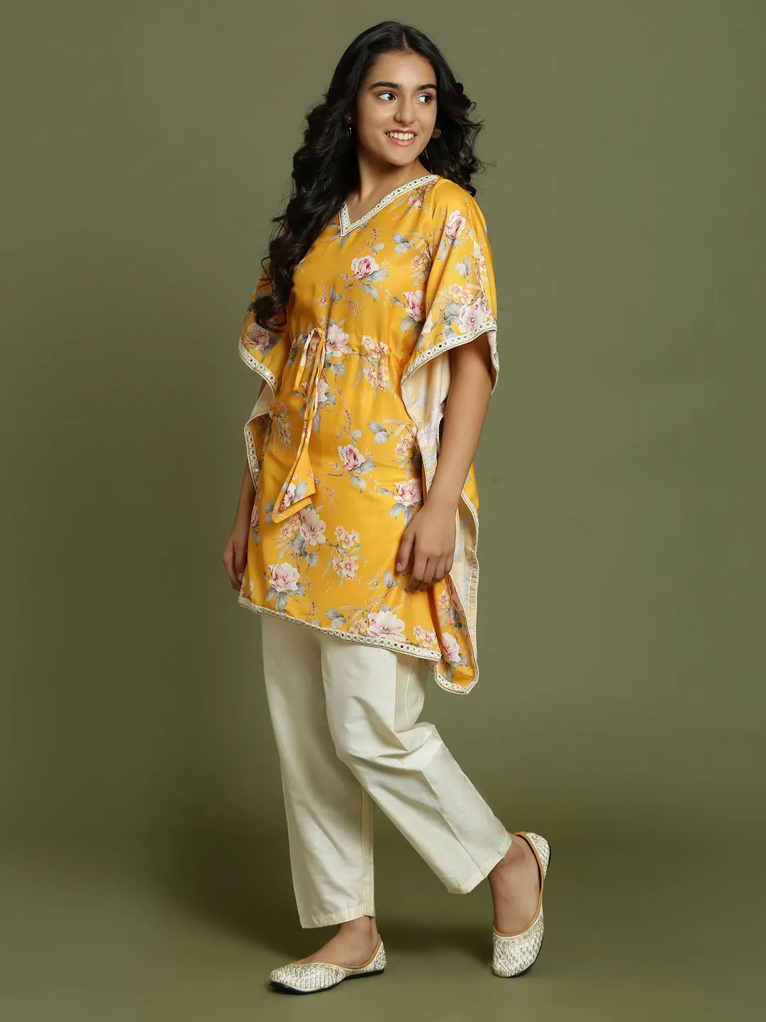 Yuva By VASTRAMAY Girls Yellow Floral Printed Kaftan Kurta With Cream Pant Set