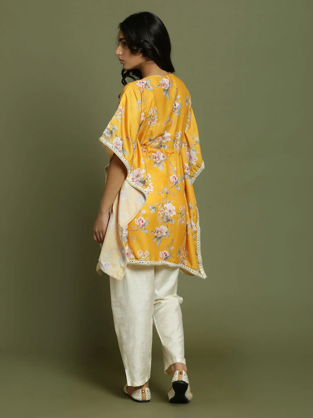 Yuva By VASTRAMAY Girls Yellow Floral Printed Kaftan Kurta With Cream Pant Set