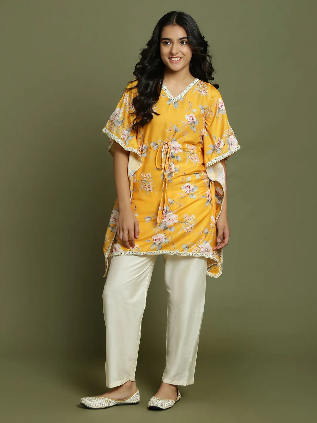 Yuva By VASTRAMAY Girls Yellow Floral Printed Kaftan Kurta With Cream Pant Set